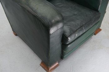 Club Armchair In Green Leather Art Deco Period 1940