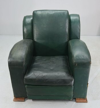 Club Armchair In Green Leather Art Deco Period 1940