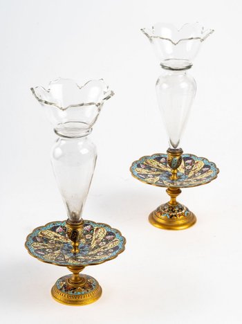 Paire De Coupe En Cristal Avec Base En Bronze Doré Et émail Cloisonné Fin XIXème Siècle