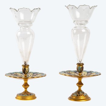 Paire De Coupe En Cristal Avec Base En Bronze Doré Et émail Cloisonné Fin XIXème Siècle