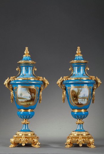 Pair Of Polychrome Porcelain Covered Vases In The Sèvres Style