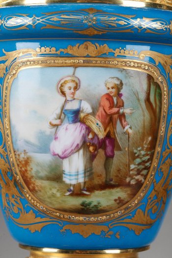 Pair Of Polychrome Porcelain Covered Vases In The Sèvres Style