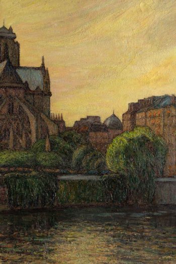 Oil On Canvas Representing Notre-dame-De-Paris And The Quays Of The Seine