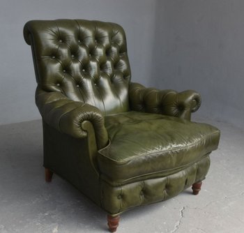 Olive Chesterfield Leather Armchair And Pouf