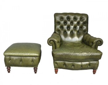 Olive Chesterfield Leather Armchair And Pouf