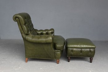 Olive Chesterfield Leather Armchair And Pouf