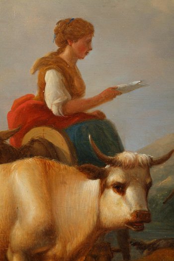 "Landscapes with cows", pair of oil on panel, signed Dieboldt