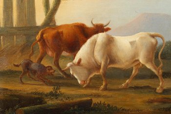 "Landscapes with cows", pair of oil on panel, signed Dieboldt