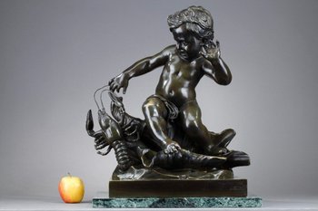 Scultura in bronzo, "bambino pizzicato da un gambero" dopo Jean-Baptiste Pigalle, XIX secolo