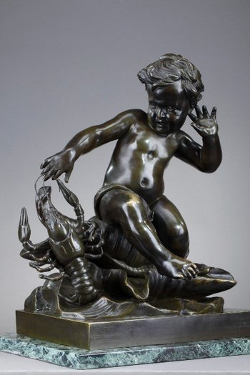 Scultura in bronzo, "bambino pizzicato da un gambero" dopo Jean-Baptiste Pigalle, XIX secolo