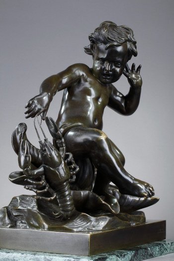 Scultura in bronzo, "bambino pizzicato da un gambero" dopo Jean-Baptiste Pigalle, XIX secolo