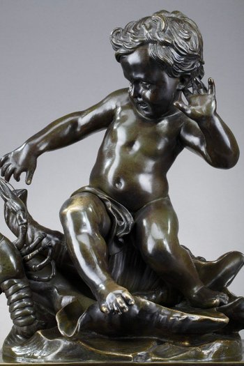 Scultura in bronzo, "bambino pizzicato da un gambero" dopo Jean-Baptiste Pigalle, XIX secolo