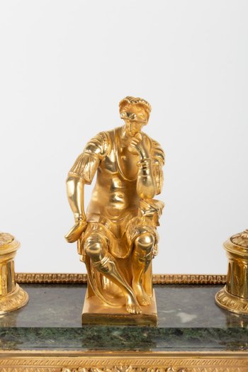 Gilt Bronze And Green Marble Inkwell Representing The Thinker After Michelangelo