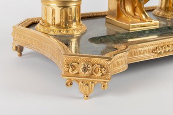 Gilt Bronze And Green Marble Inkwell Representing The Thinker After Michelangelo