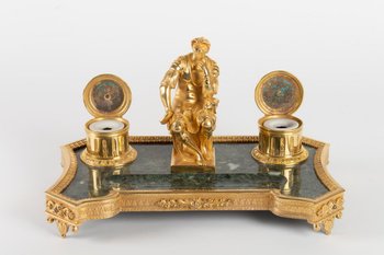 Gilt Bronze And Green Marble Inkwell Representing The Thinker After Michelangelo