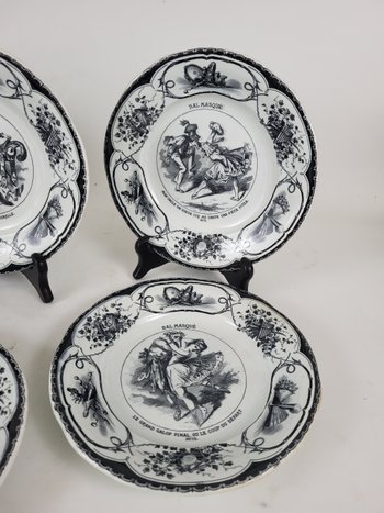 Set of 6 plates Creil and Montereau Masked ball XIXth century