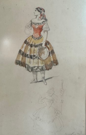 Watercolor and drawing of F. Compte-Cadix, " Girl with tambourine", XIXème