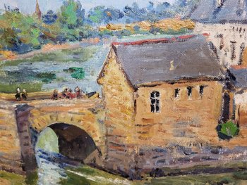 Painting HST - The Bridge of Saint Goustan in Auray (Brittany) signed