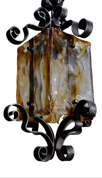 set of 3 Wrought Iron Outdoor Lanterns Colorful Glass Face