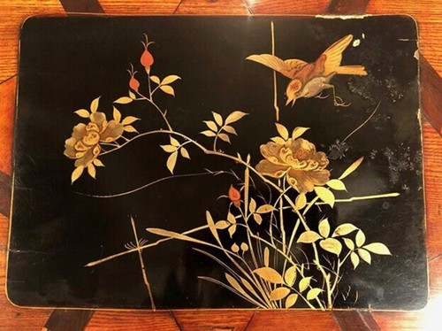 Set of three nesting tables, lacquered and decorated with birds and marquetry. Circa 1900