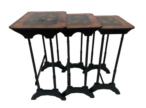 Set of three nesting tables, lacquered and decorated with birds and marquetry. Circa 1900