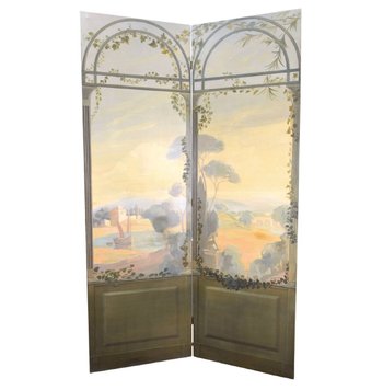 Pair Of Screens Painted Canvas Trompe l'oeil Circa 1900