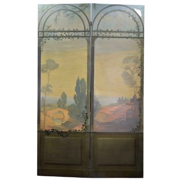 Pair Of Screens Painted Canvas Trompe l'oeil Circa 1900