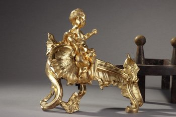 Paire De Chenets En Bronze Doré d'époque Louis XV