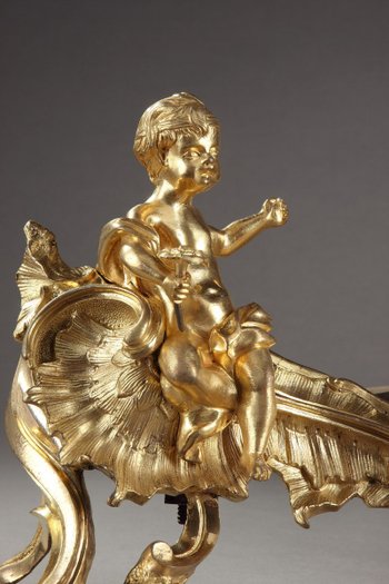 Paire De Chenets En Bronze Doré d'époque Louis XV