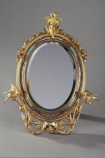 Miroir à Cadre Doré En Bronze Orné d'émaux Cloisonnés