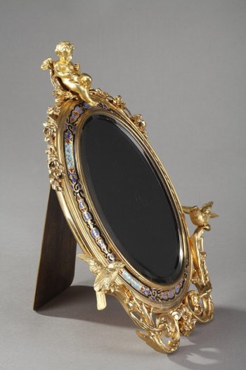 Miroir à Cadre Doré En Bronze Orné d'émaux Cloisonnés