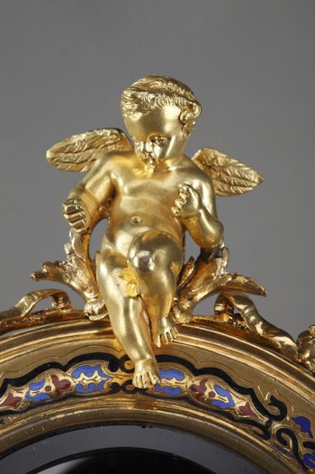 Miroir à Cadre Doré En Bronze Orné d'émaux Cloisonnés