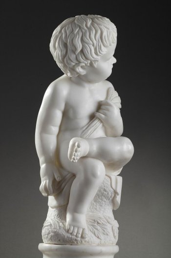 Scultura in marmo bianco "putto Aux épis De Blé" (putto con spighe di grano)