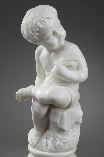 Scultura in marmo bianco "putto Aux épis De Blé" (putto con spighe di grano)