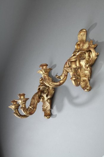 Antique Louis XV period giltwood 2-light wall lamps