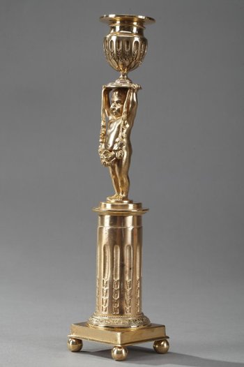 Gilded Bronze Pedestal Candleholders with Putti decoration, 19th Century