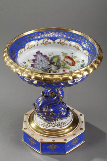 Présentoir Ancien à Dauphin En Porcelaine Polychrome Et Or, 19ème Siècle