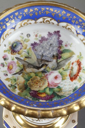 Présentoir Ancien à Dauphin En Porcelaine Polychrome Et Or, 19ème Siècle