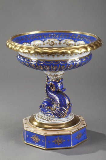 Présentoir Ancien à Dauphin En Porcelaine Polychrome Et Or, 19ème Siècle