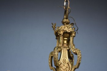             Magnifico lampadario Luigi XIV Napoleone III con teste in bronzo dorato