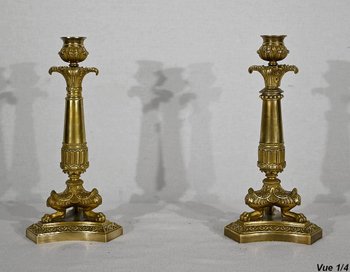 Pair of bronze candlesticks, Restoration period - Early 19th century