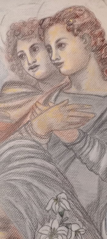 dessin aux crayons et sanguine  L'Annonciation (d'après Andrea Del Sarto)