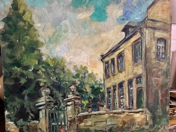 Oil On Wooden Panel Country House