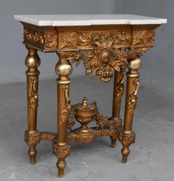 Console Wood And Golden Stucco Top Marble Late Nineteenth Time