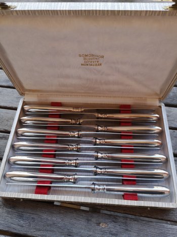 Case : 12 silver plated dessert knives, Baguette orfèvrerie Saint Médard model