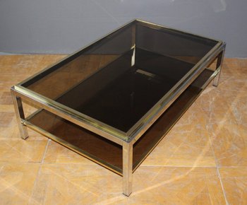 Grande Table Basse En Chrome Et Métal Doré Entourage De Willy Rizzo Vers 1970