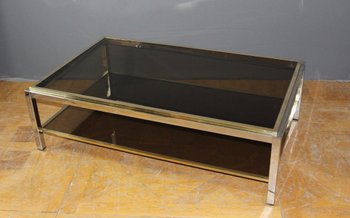 Grande Table Basse En Chrome Et Métal Doré Entourage De Willy Rizzo Vers 1970