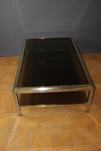 Grande Table Basse En Chrome Et Métal Doré Entourage De Willy Rizzo Vers 1970