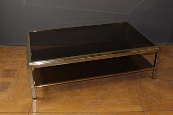 Grande Table Basse En Chrome Et Métal Doré Entourage De Willy Rizzo Vers 1970