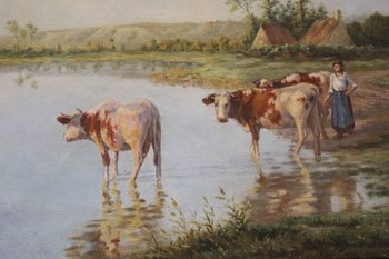 Oil On Canvas Representing Cows At The Edge Of The Pond About 1900